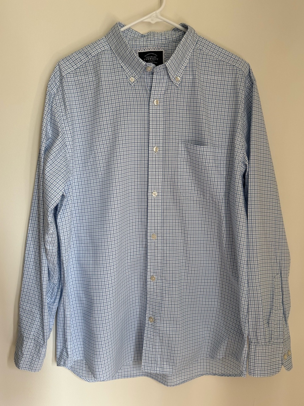 Men's Blue & White Plaid Button Down Dress Shirt Classic Fit Non-Iron
